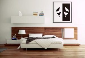 1.-Fascinating-Wooden-Headboard-and-White-Bed-for-Modern-Bedroom-Ideas-on-Laminate-Teak-Flooring